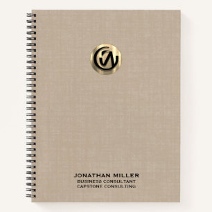 Customizable Beige Linen Notebook with Gold Logo