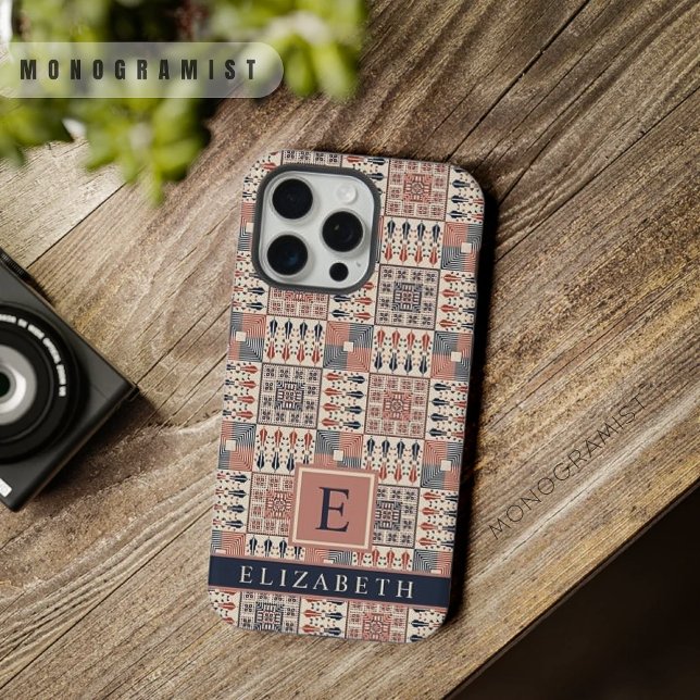 Customizable Beige Pink Light Red Checkered Aztec iPhone Case (Customizable Beige Pink Light Red Checkered Aztec iPhone Case)