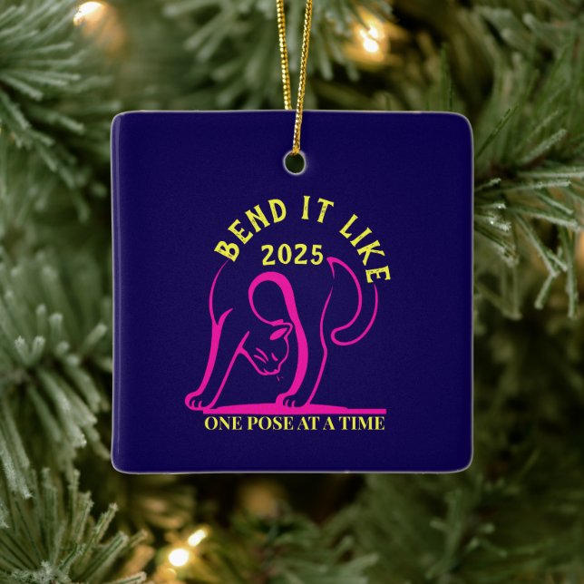Customizable "Bend It Like 2025" Yoga Cat  Ceramic Ornament (Tree)