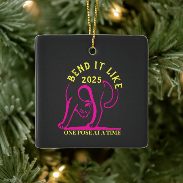 Customizable "Bend It Like 2025" Yoga Cat  Ceramic Ornament (Tree)