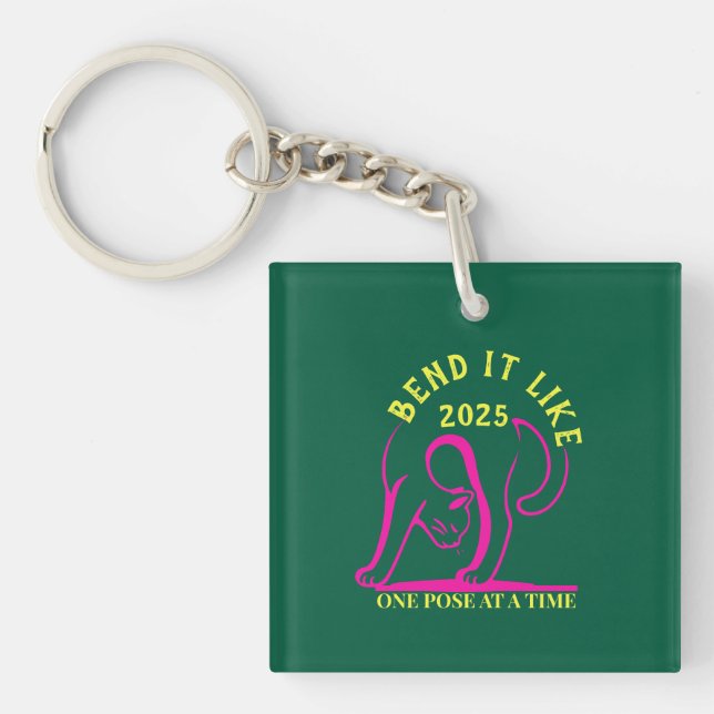 Customizable "Bend It Like 2025" Yoga Cat Keychain (Front)