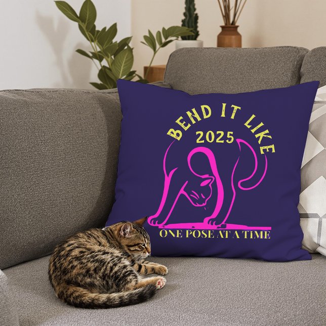 Customizable "Bend It Like 2025" Yoga Cat Throw Pillow (Creator Uploaded)