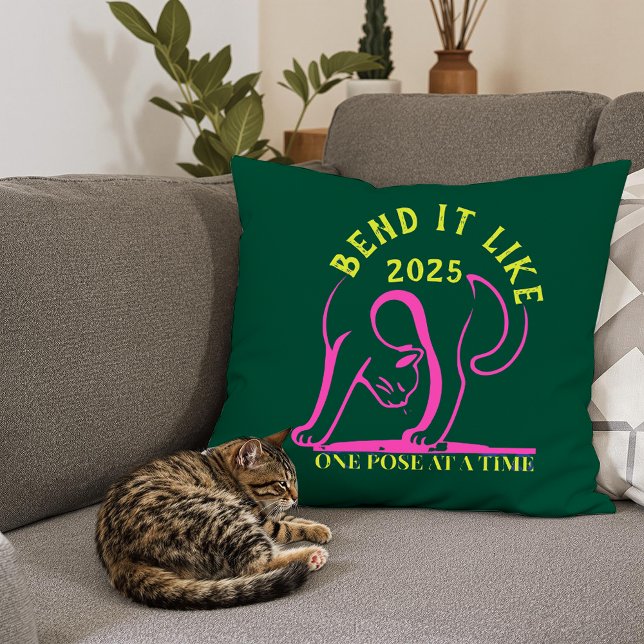Customizable "Bend It Like 2025" Yoga Cat Throw Pillow (Creator Uploaded)