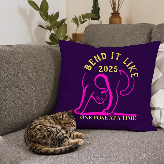 Customizable "Bend It Like 2025" Yoga Cat Throw Pillow (Creator Uploaded)