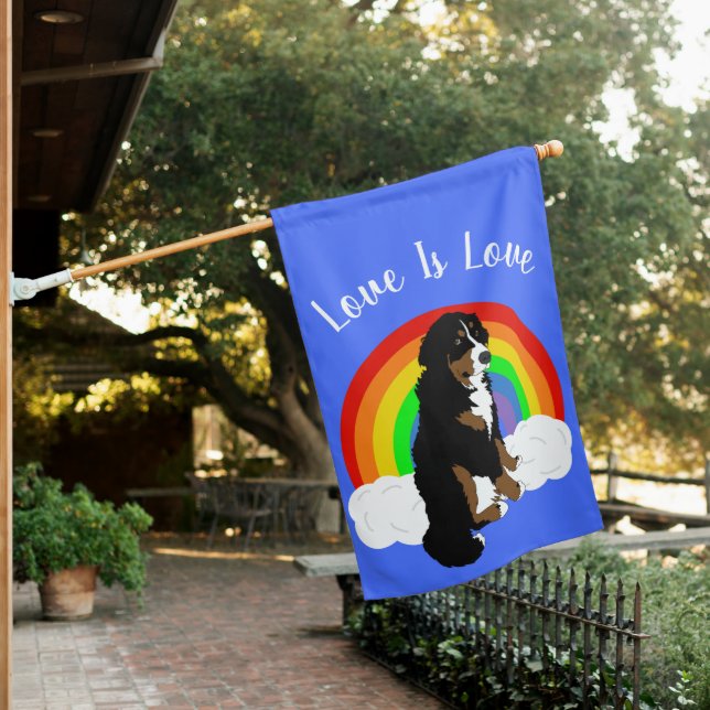 Customizable Bernese Mountain Dog Gay Pride House Flag (In SItu)