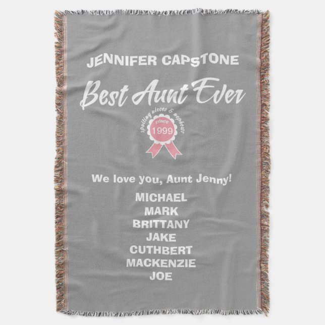 Customizable Best Aunt Ever Pink Ribbon Throw Blanket (Front Vertical)