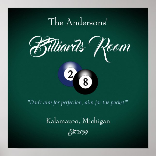 Customizable Billiards Pool Table Room Bar Poster (Front)