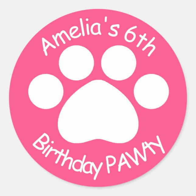Customizable Birthday PAWty - Pink Classic Round Sticker (Front)