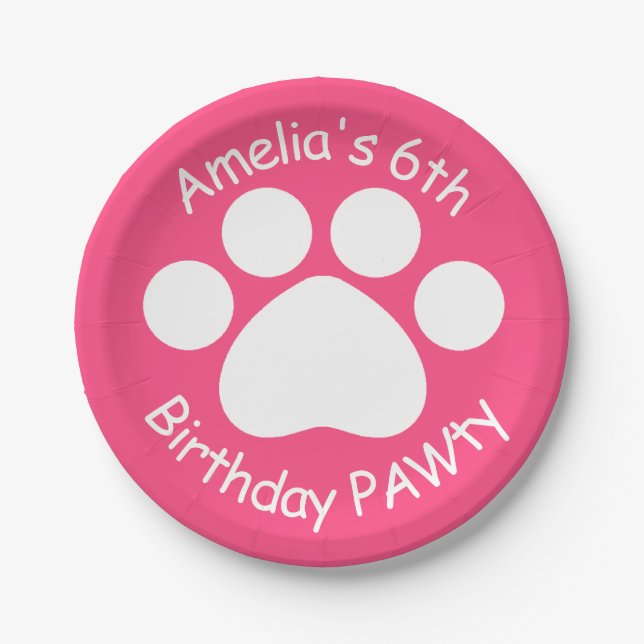 Customizable Birthday PAWty - Pink Paper Plates (Front)