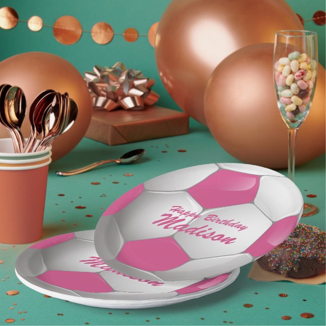 Customizable Birthday Soccer Ball Pink and White Paper Plates (Multi)