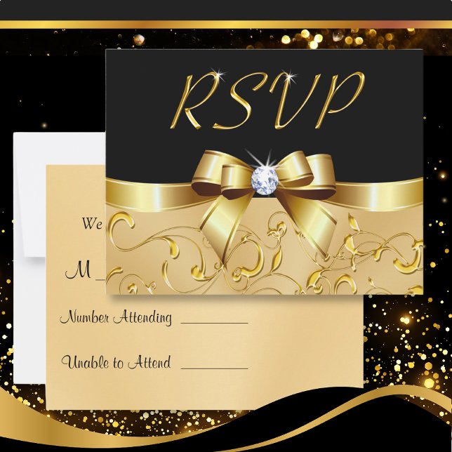 Customizable Black and Gold RSVP Cards Your Text (Anniversary RSVP Cards. RSVP cards for Wedding. Black and Gold RSVP Cards. Anniversary RSVP Cards.)