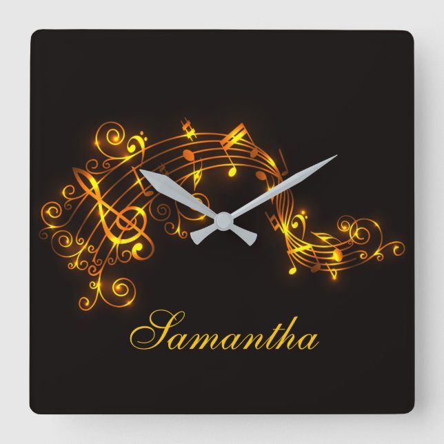 Customizable Black and Gold Swirling Musical Notes Square Wall Clock (Front)