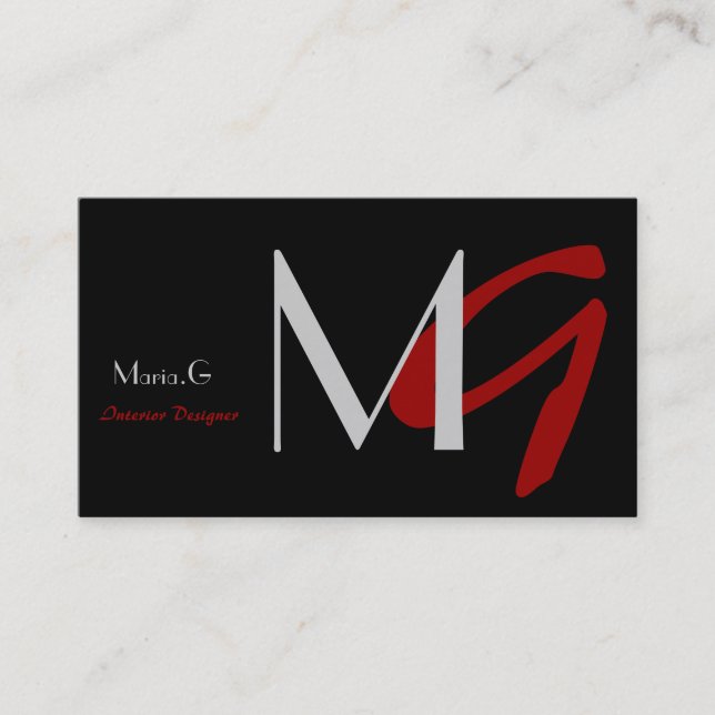 Customizable Black and Red Monogram Business Cards (Front)