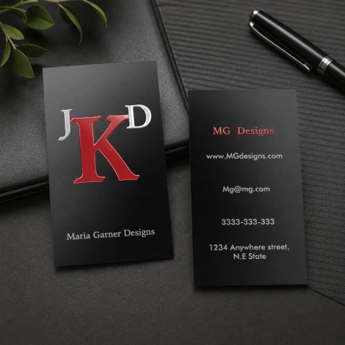 Customizable Black and Red Monogram  Foil Spot Gloss Business Cards