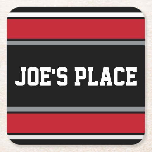 Customizable Black and Red Sports Stripes Square Paper Coaster