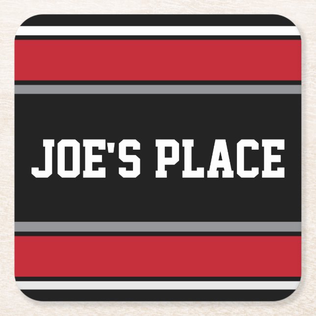 Customizable Black and Red Sports Stripes Square Paper Coaster (Front)