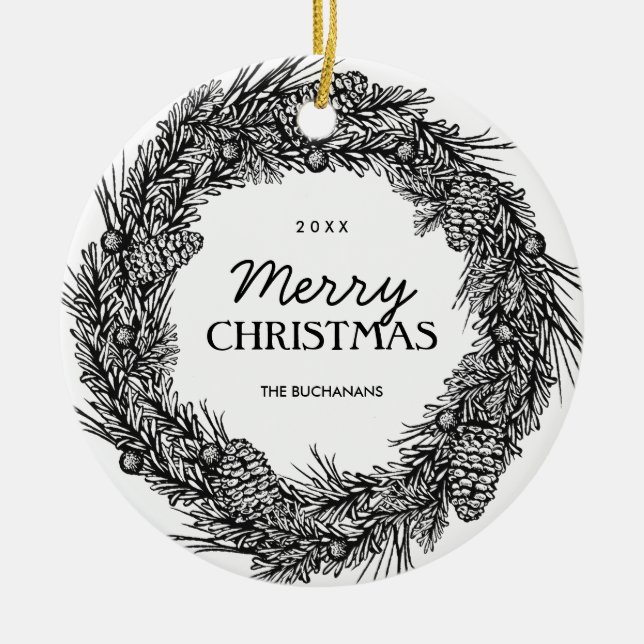 Customizable Black and White Wreath Photo Ornament (Front)