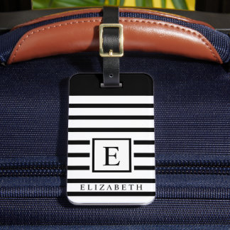 Customizable Black Background White Striped Lines Luggage Tag