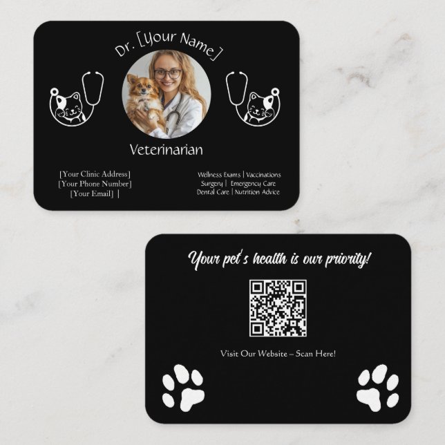 Customizable Black Business Card for Veterinarian (Front/Back)