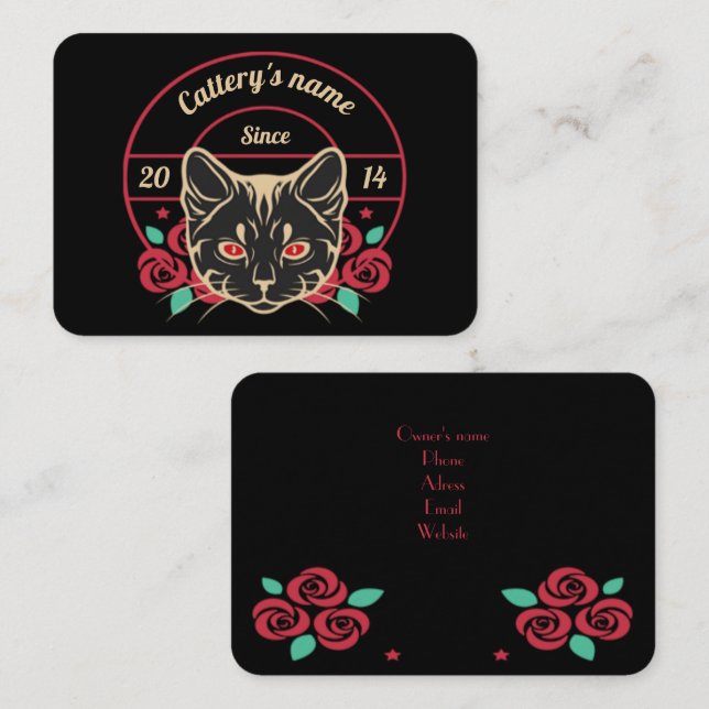 Customizable Black Floral Cattery  Business Card (Front/Back)