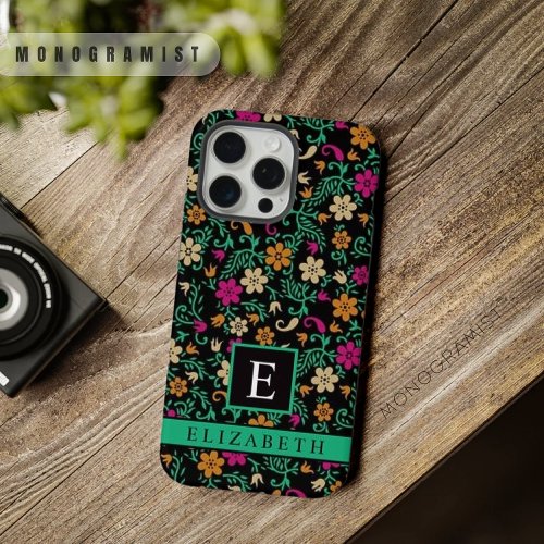 Customizable Black Floral Pink Green Flowers iPhone 15 Pro Max Case