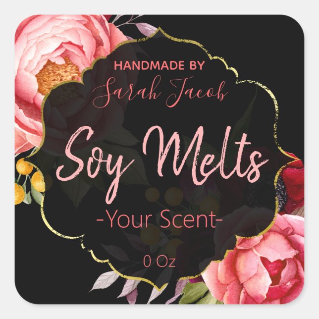 Customizable Black Floral Soy Melt Label Label (Front)
