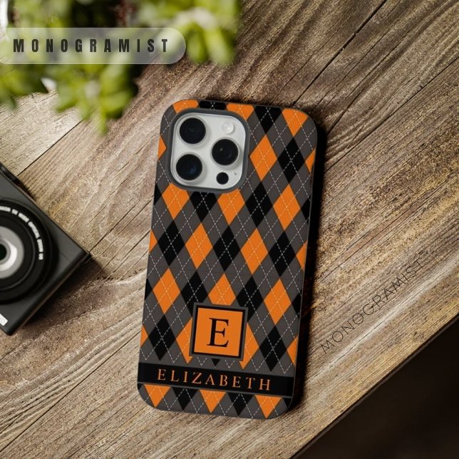 Customizable Black Grey Orange Argyle Pattern iPhone Case (Creator Uploaded)