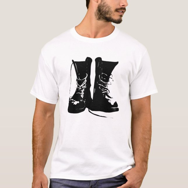 Customizable Black Leather Combat Boots Laces T-Shirt (Front)