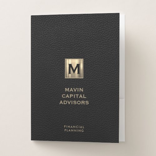 Customizable Black Leather Print with Gold Initial Pocket Folder