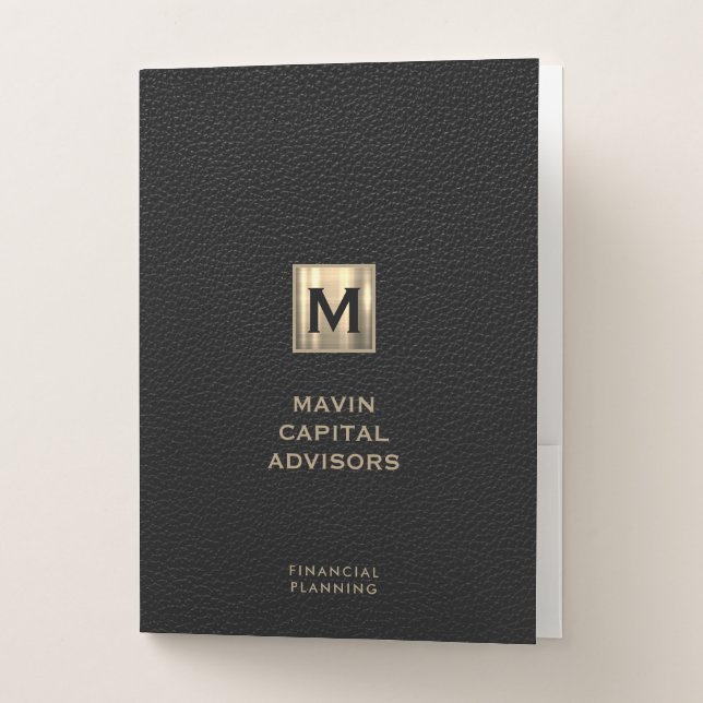 Customizable Black Leather Print with Gold Initial Pocket Folder (Front)