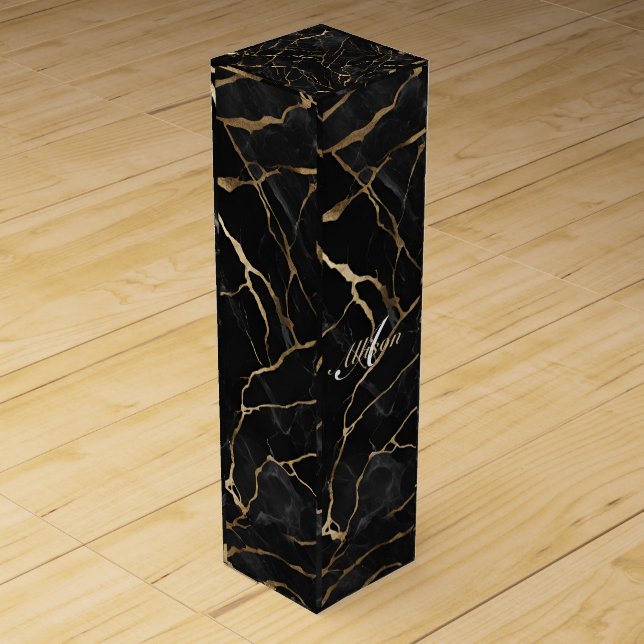 Customizable black marble monogram and name wine box (Front)