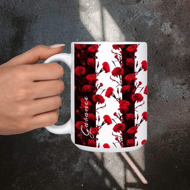 Customizable Black Red Floral Carnation Stripes Coffee Mug (Creator Uploaded)