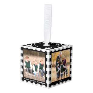 Customizable Black White Plaid Christmas Photo Cube Ornament