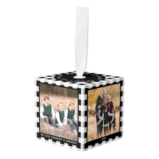 Customizable Black White Plaid Christmas Photo Cube Ornament (Front Angled)