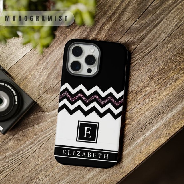 Customizable Black White Purple Glitter Chevron  iPhone Case (Customizable Black White Purple Glitter Chevron iPhone Case)
