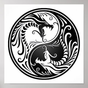 Customizable Black Yin Yang Dragons Poster