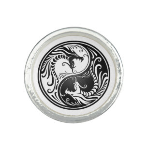 Customizable Black Yin Yang Dragons Ring