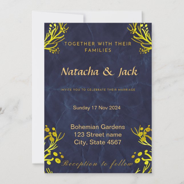 Customizable Blue and Gold Wedding Invitation (Front)