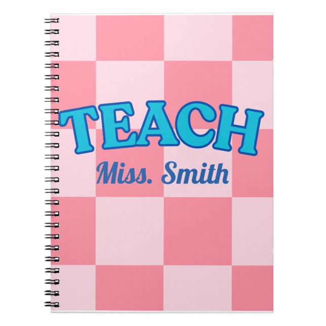 Customizable Blue and PinCheckered Teacher Planner Notebook (Front)