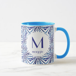 Customizable Blue and White Geometric Pattern Mug