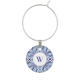 Customizable Blue and White Geometric Pattern Wine Glass Charm