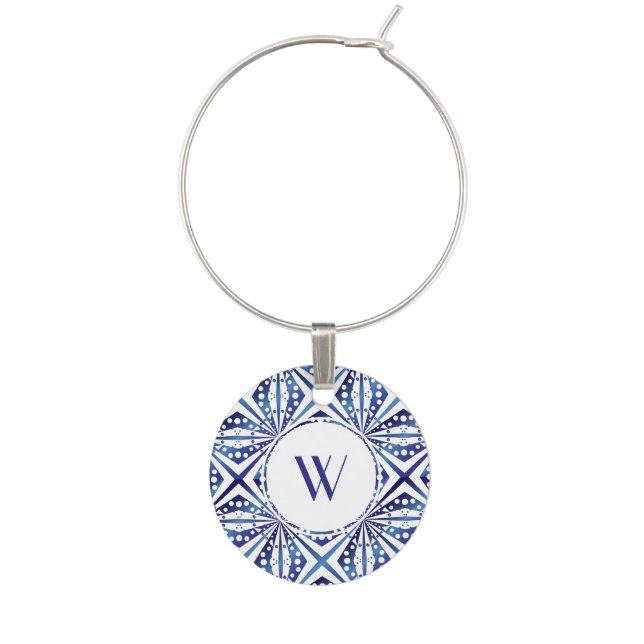 Customizable Blue and White Geometric Pattern Wine Glass Charm (Front)