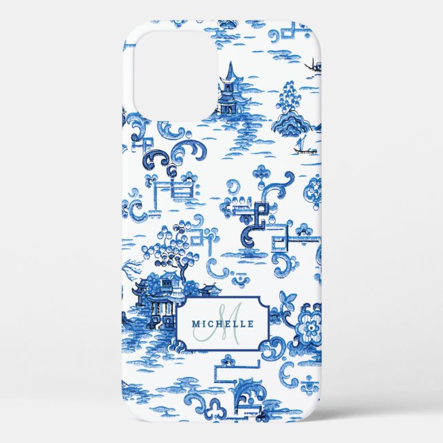 Customizable Blue and White Pagoda Chinoiserie Case-Mate iPhone Case (Back)