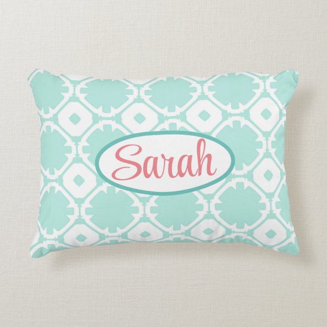 Customizable Blue and White Trefoil Pattern Accent Pillow (Front)