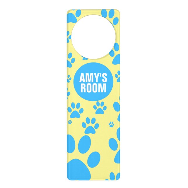 Customizable Blue and Yellow Paw Print Door Hanger (Front)