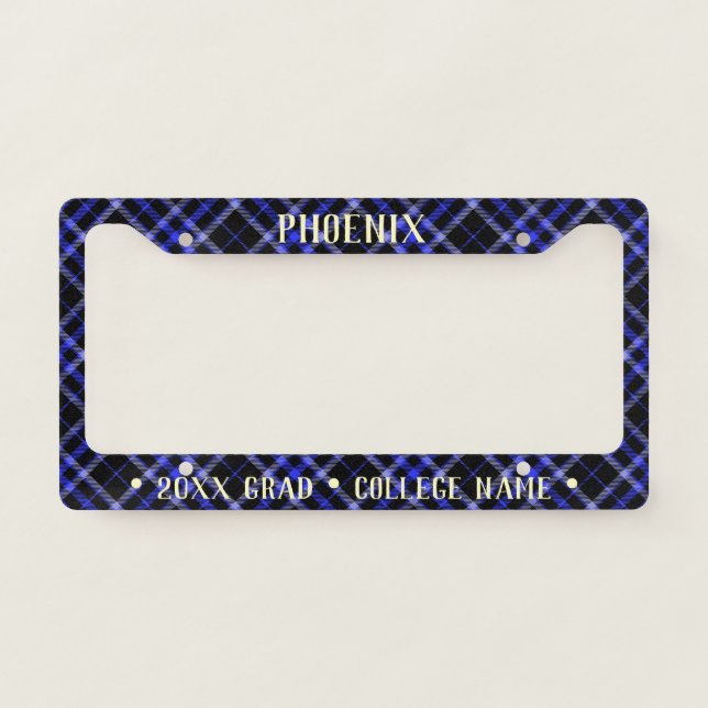 Customizable Blue & Black Plaid Tartan Graduation License Plate Frame (Front)