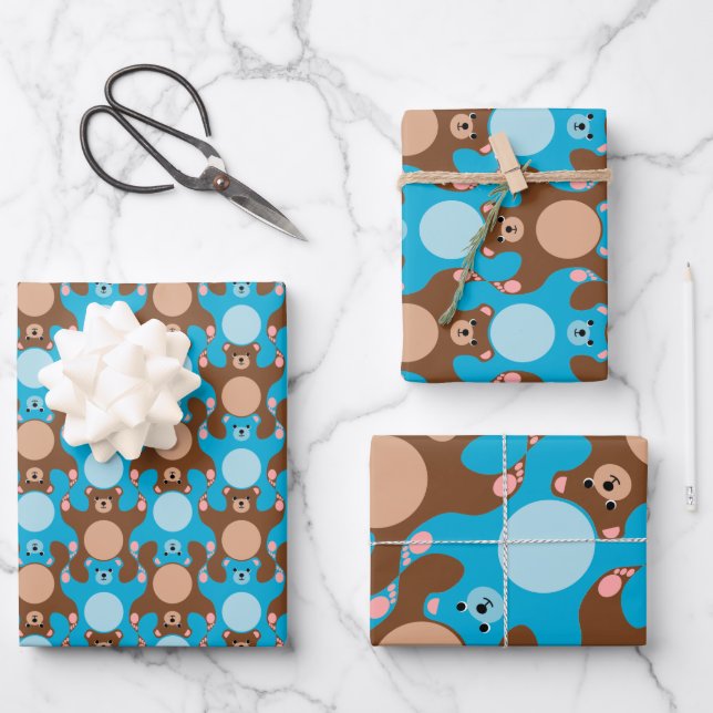 Customizable Blue Brown Teddy Bear Tesselation WP3 Wrapping Paper Sheets (Front)