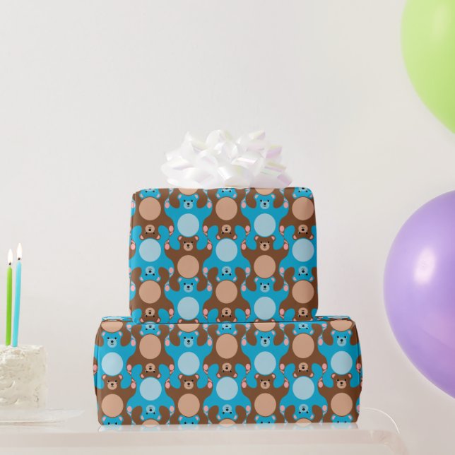 Customizable Blue Brown Teddy Bear Tesselation Wrapping Paper (Party Gifts)