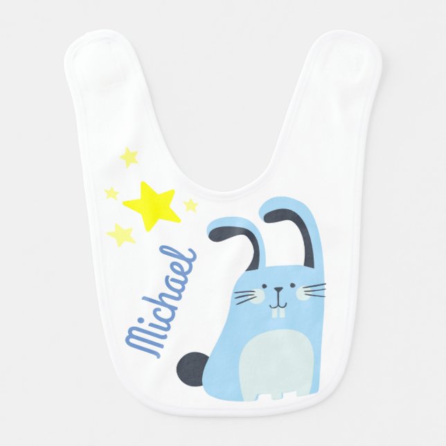 Customizable blue bunny baby boy bib (Front)