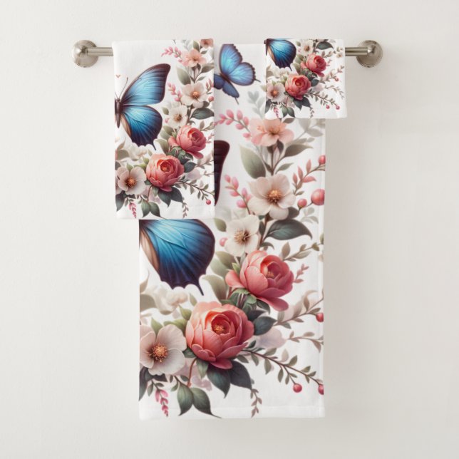 Customizable Blue Butterfly Floral Art-96279 Bath Towel Set (Insitu)